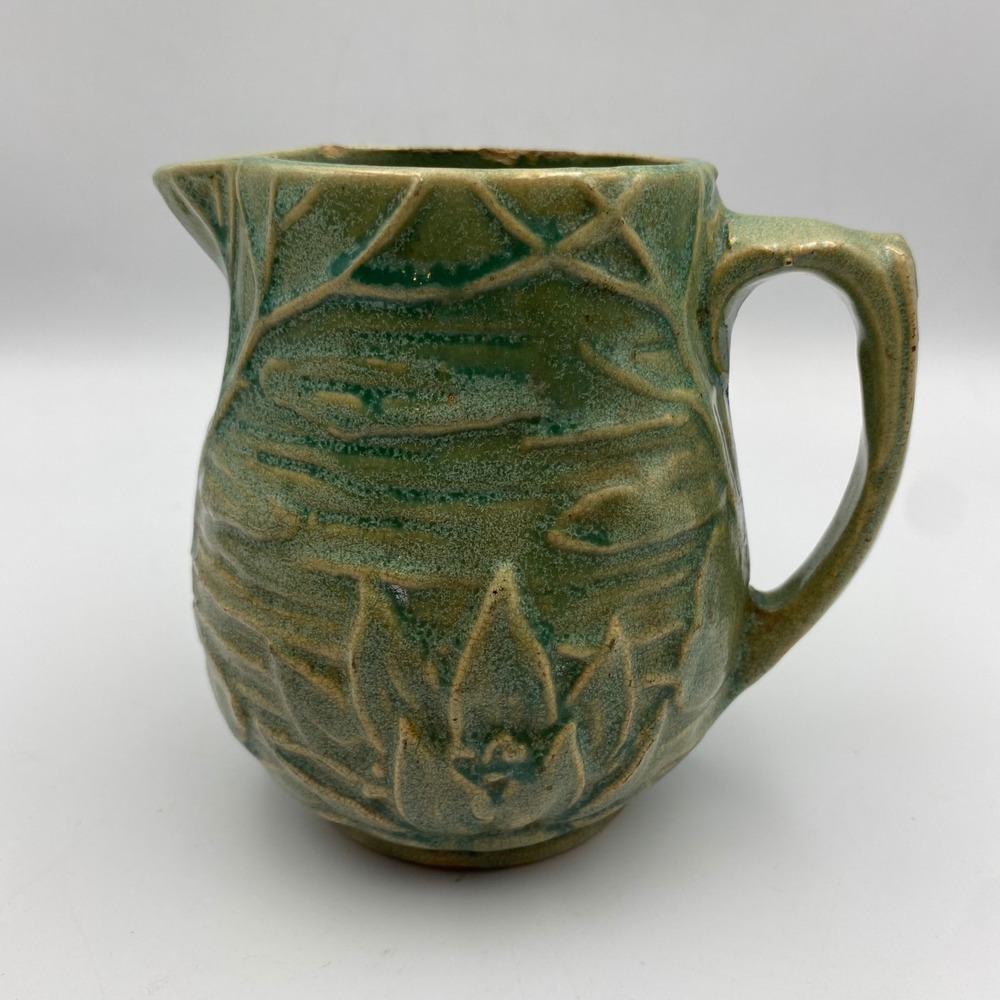 Vintage McCoy Water Lily Pitcher Green Glaze Pottery Floral Relief 124